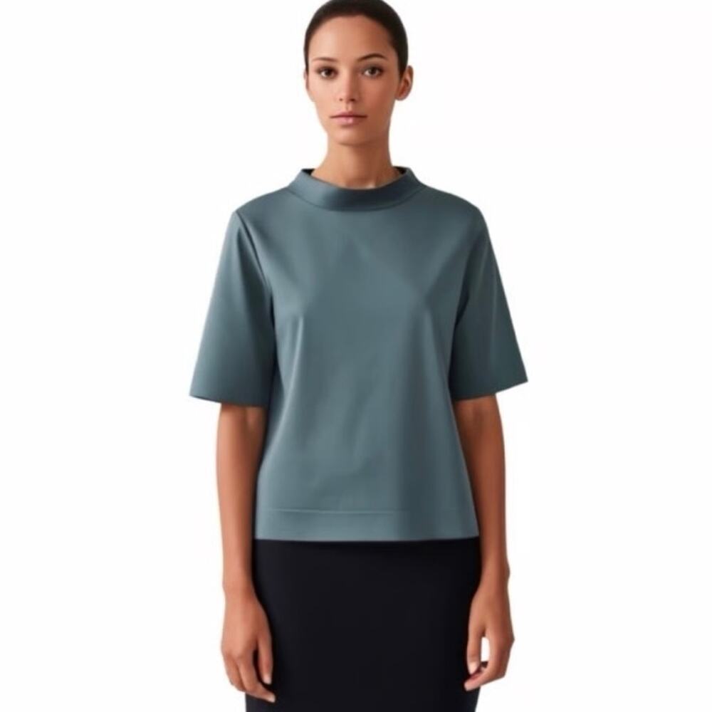 COS Mock Neck Boxy Top T-Shirt XS Teal Blue Minimalist Cotton Scandinavian Layer